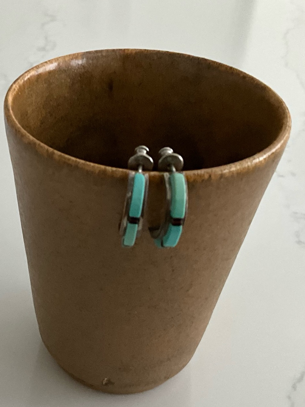 Mexican Turquoise Inlay Hoop Earrings - Silver, small, beautiful